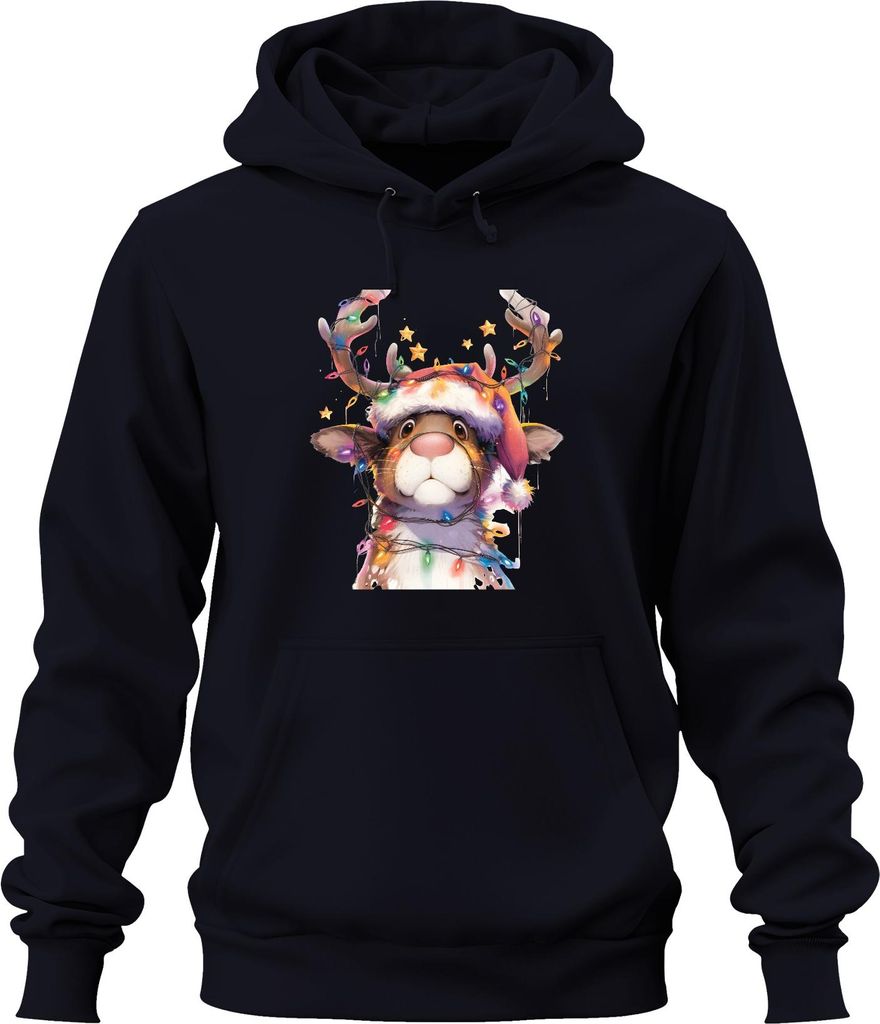Rentier Lichterkette Weihnachten niedlich Geschenk Retro Uni Hoodie Kapuzenpullover, Navy, S