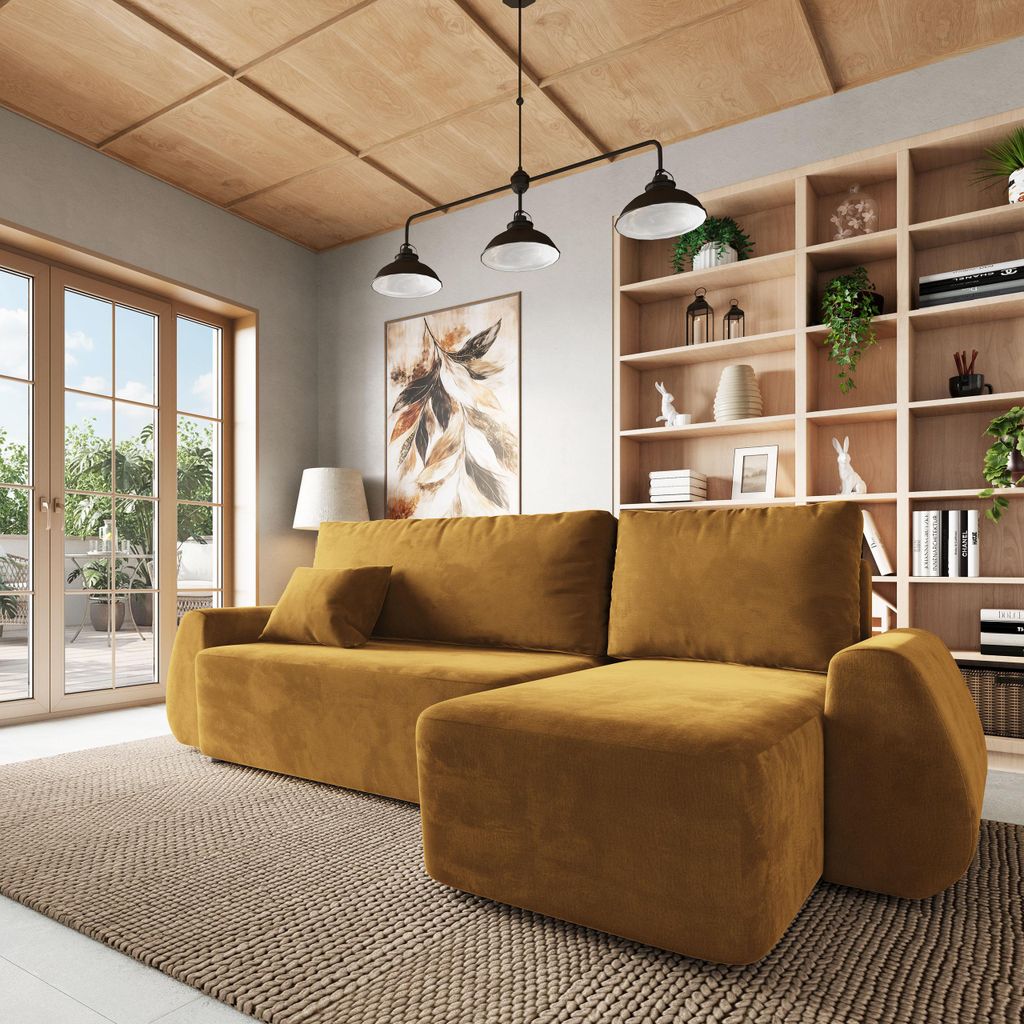 Masseno Ecksofa GALVIS mit Schlaffunktion L-Form, Sofa mit Bettkasten, Wohnzimmersofa, Couch, Soffa, Bettsofa, Couchgarnitur- Gelb, MONOLITH 48