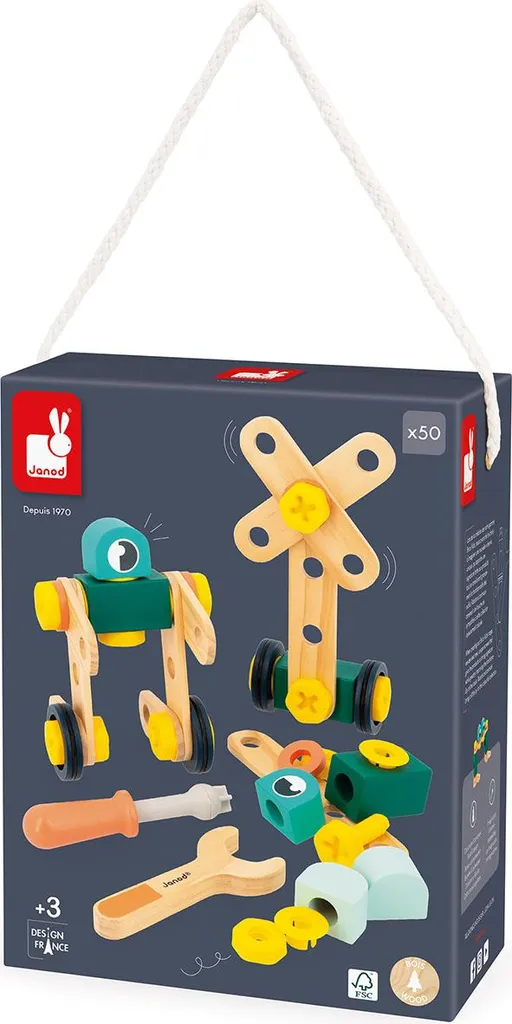 Janod Brico'Kids Baril de Construction 50 Pièces - Jeu en Bois Créatif