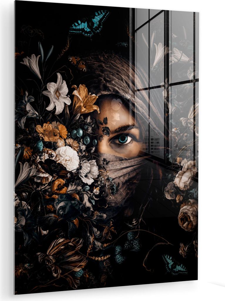 MuchoWow Glasbilder - Bilder auf Wandbild - Foto auf Glas Frau - Luxus - Blumen - Schmetterling - Porträt 30x40 cm Wanddekoration aus Glas - Acryl...