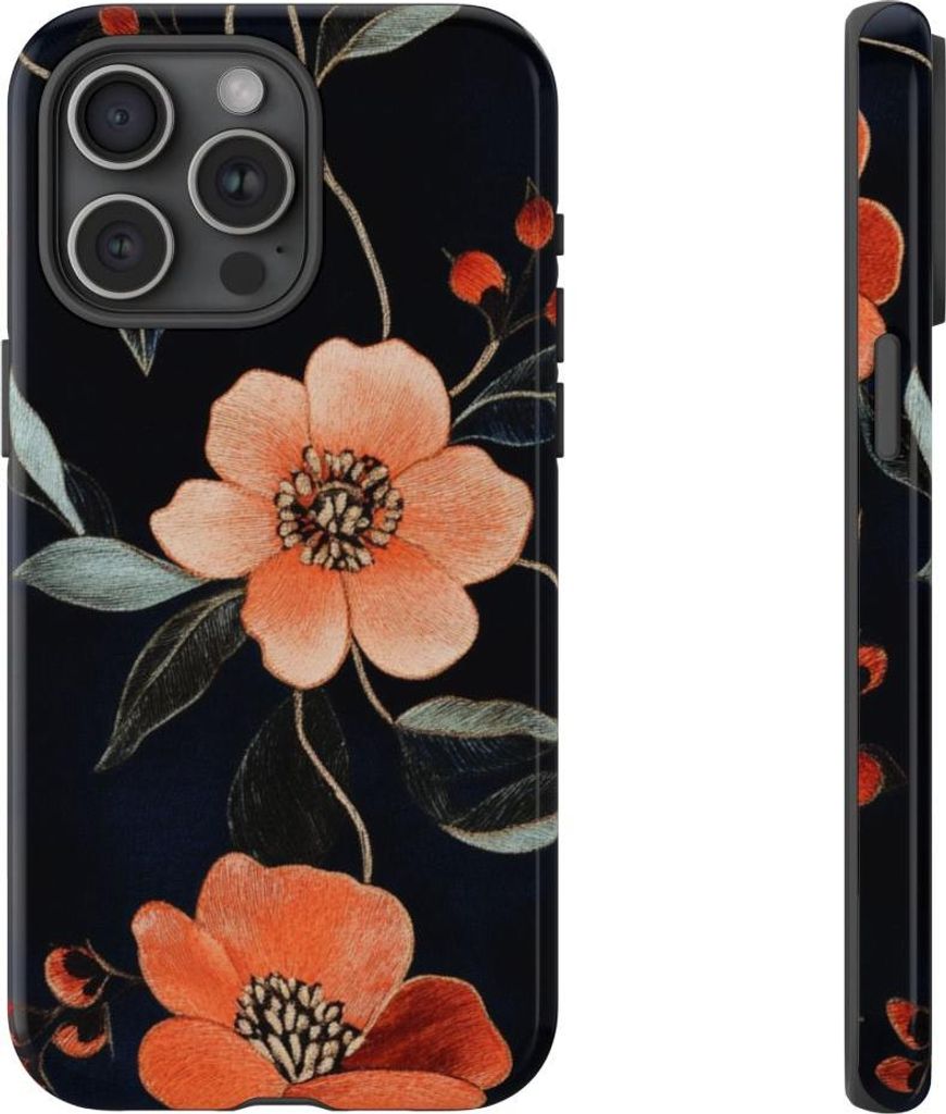 Glänzendes Blumenstickerei-Muster in Orange – Hülle Kompatibel mit iPhone 15 Pro Max