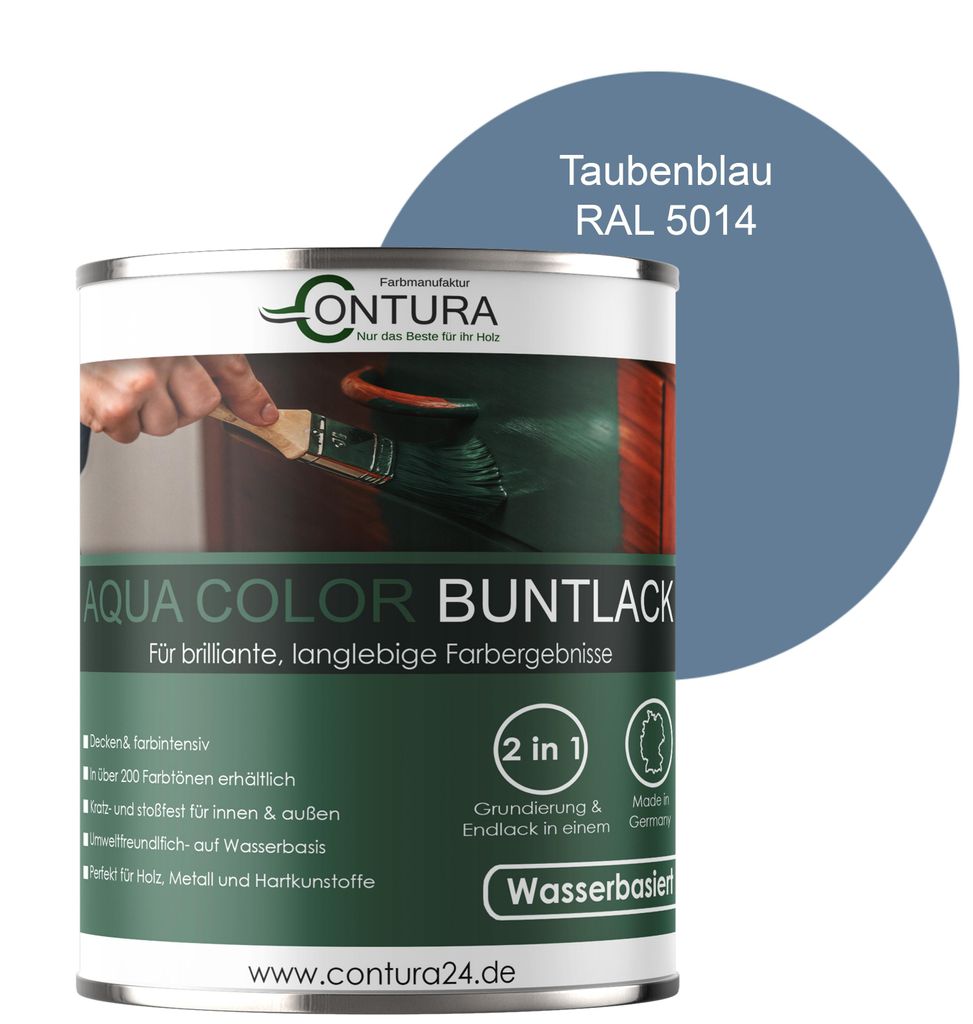 Contura 750ml. Buntlack Lackfarbe Lack Außen Innen Holz Metall Farbe Holzlack Möbellack - Seidenmatt - RAL 5014 Taubenblau