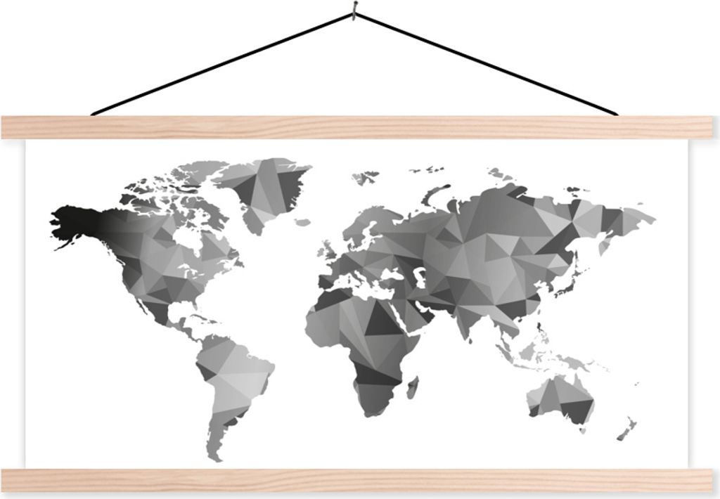 MuchoWow Textilposter Weltkarte - Formen - Grautöne 150x75 cm mit holzfarbenen Rahmen - Plakate