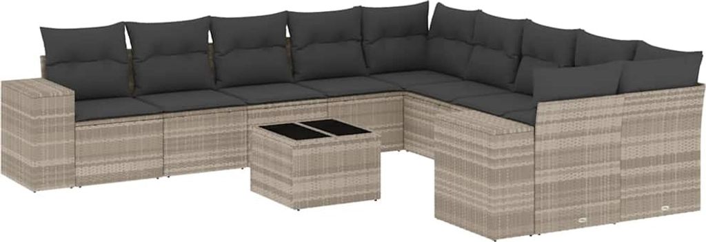 vidaXL 11-tlg. Garten-Sofagarnitur mit Kissen Hellgrau Poly Rattan