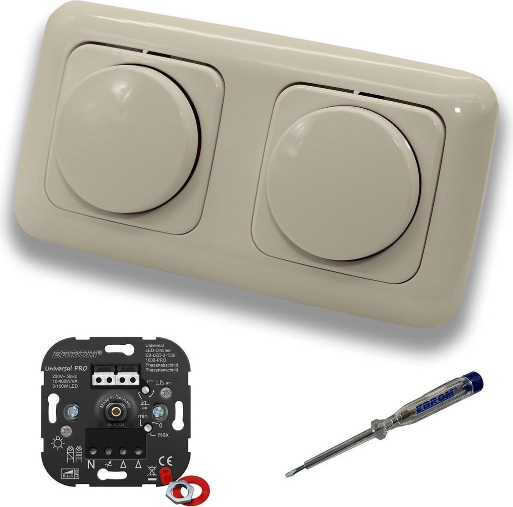 EBROM 1002 Universal PRO (2 Stück) LED Drehdimmer Dimmer + Busch Jäger Dimmerscheiben 2115-212 in DURO2000 cremeweiß glänzend im 2-fach Rahmen ...