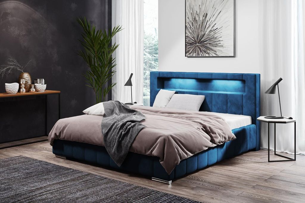 Polsterbett Sechs mit Bettkasten, Bett mit Metallrahmen, LED-Beleuchtung, Chrombeine (Stoff: kronos 09 - marineblau, Große: 160x200 cm)