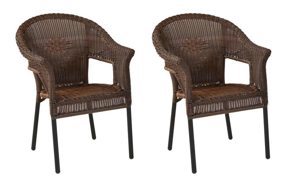 Two brown wicker chairs with black legs on a white background.