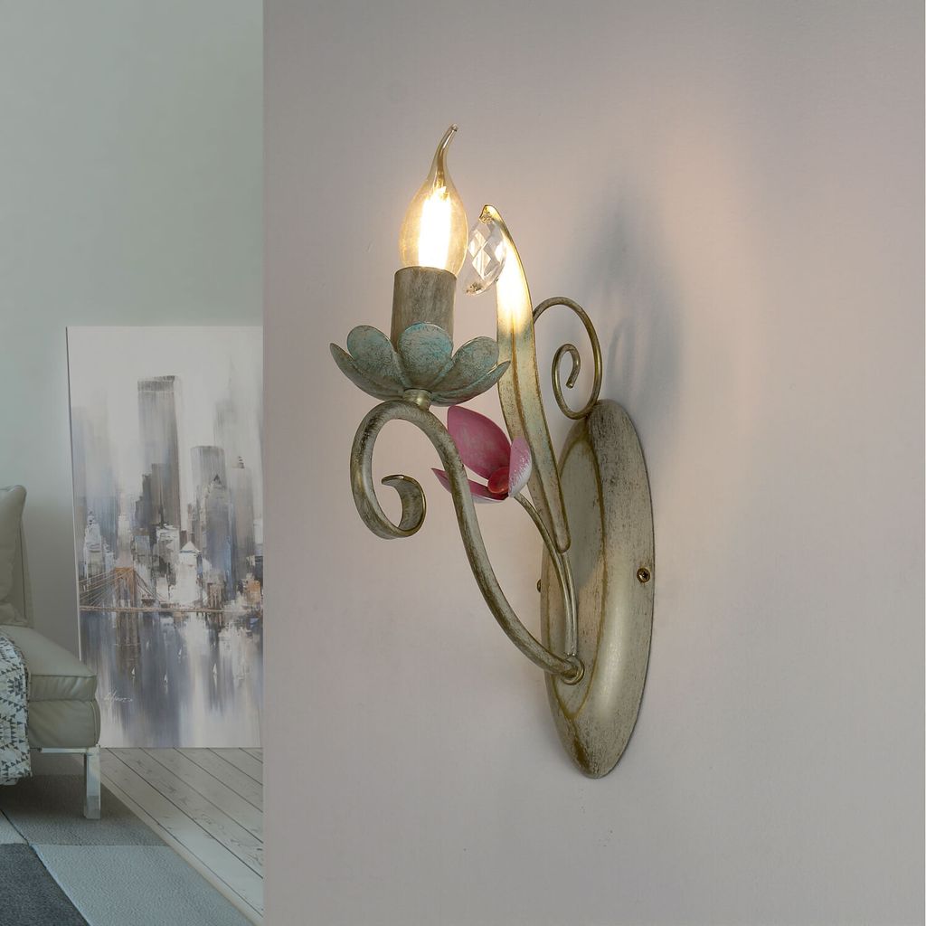 Verspielte Wandleuchte in Weiß Rosa Floraler Stil 1x E14 bis zu 60 Watt 230V aus Metall & Glas Flur Wohnzimmer Esszimmer Lampen Leuchte Wandlampe ...