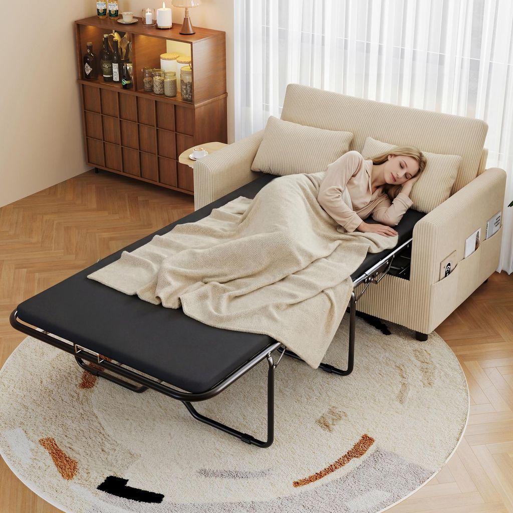 Merax 2‐Sitzer Schlafsofa, Schlafcouch mit Bettfunktion, klappbarem Beistelltisch, USB & USB-C Anschlüsse, Matratze & 2 Kissen, 2 Bettlaken, Beige