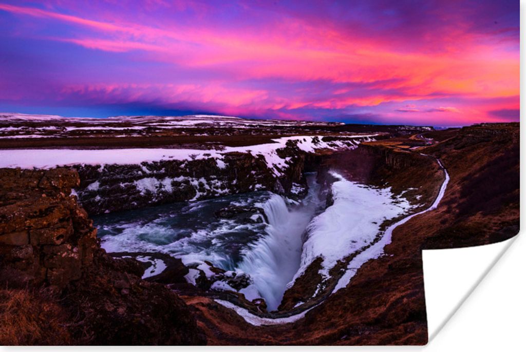 MuchoWow Poster Violette Farben am Himmel über dem Gullfoss-Wasserfall in Island 90x60 cm - Schlafzimmer