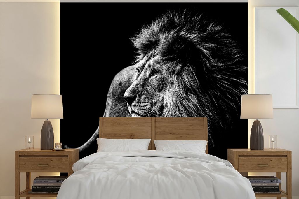 MuchoWow Fototapete für Wohnzimmer oder Schlafzimmer Wandtapete Vinyl Motivtapete Tiere - Wild - Löwe - Schwarz - Weiß - 240x240 cm - Schlafzi...