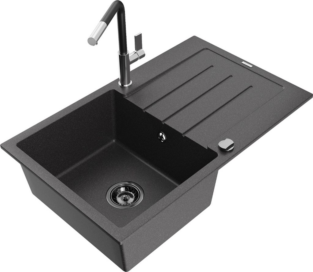 Mexen Bruno 1 Becken-Granitspüle mit Abtropffläche und Mischbatterie Flora, Schwarz gesprenkelt - 6513-76-670401-07-B