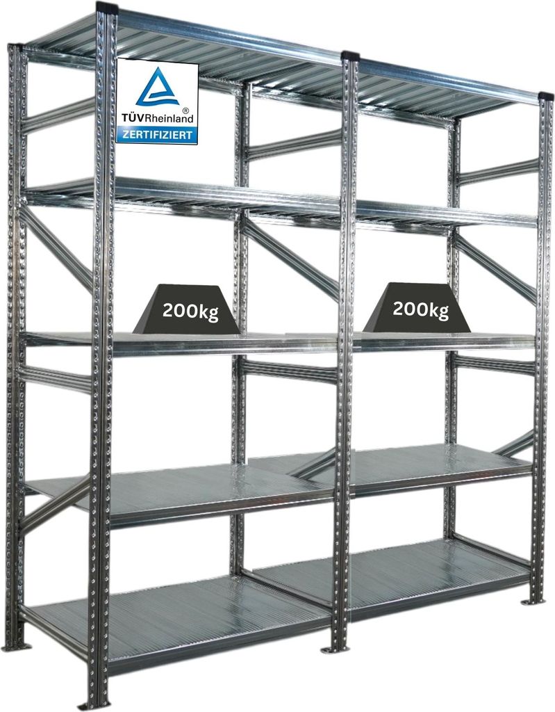 Fachbodenregal PROXIMO mit Stecksystem | Komplettregal | HxBxT 200x180x60cm | 5 Ebenen | Fachlast 200 kg | Beidseitig nutzbar | Verzinkt
