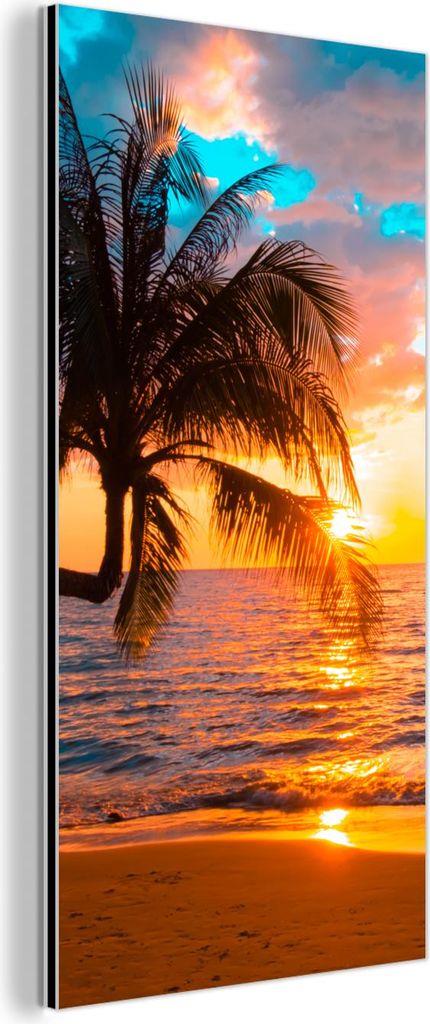 MuchoWow Wanddekoration Metall Metallbild Wandkunst 20x40 cm Palme - Sonnenuntergang - Horizont - Strand - Meer - Tropisch MuchoWow Aluminium Gemä...