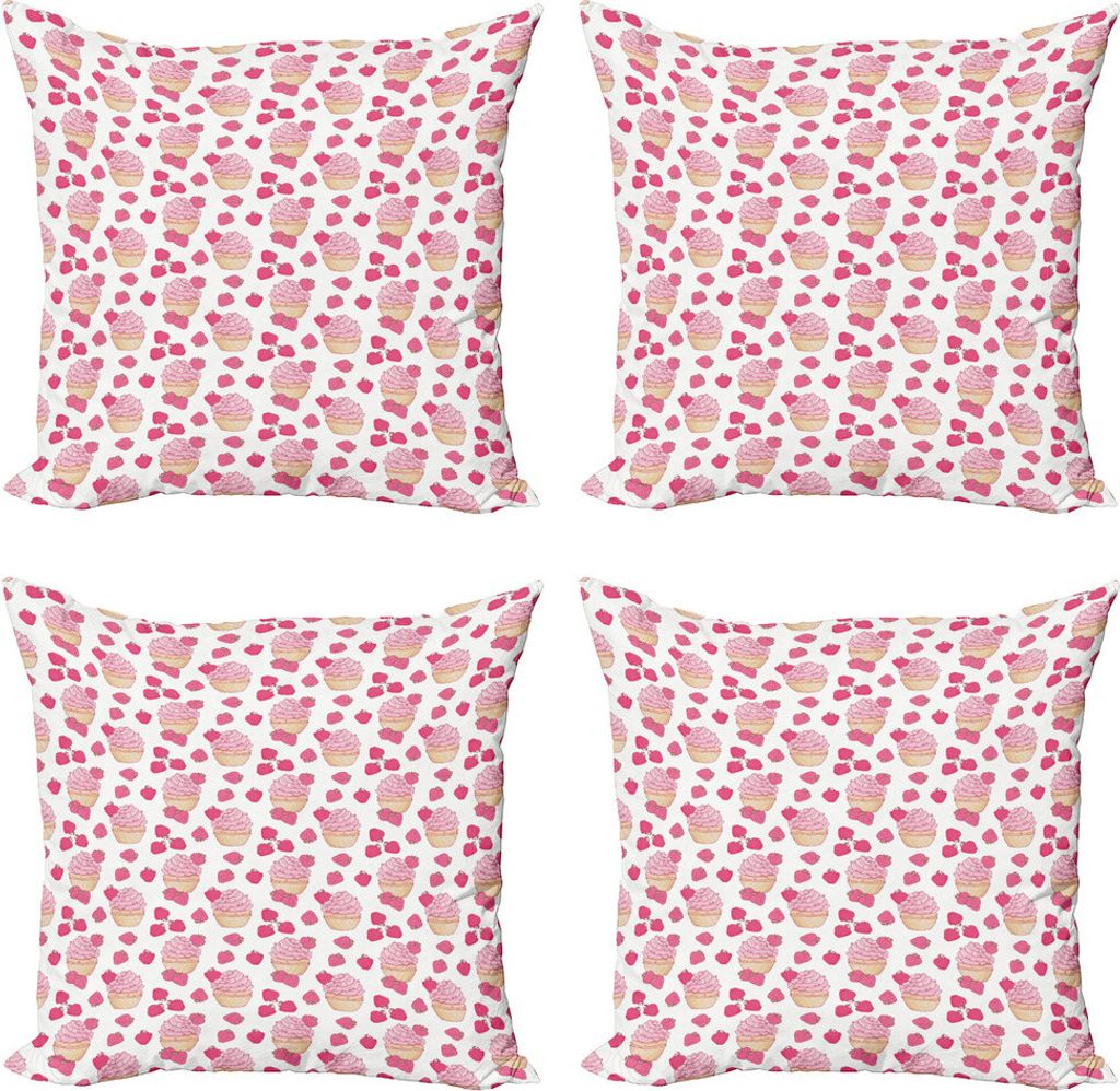 ABAKUHAUS Cupcake Kissenbezug Set (4 Stück), Doodle Stil Erdbeere, Moderner Doppelseitiger Digitaldruck, 40 cm x 40 cm, Rosa Baby-Rosa Pfirsich