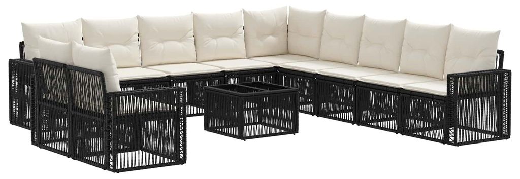 Gartensofa-set 12 pcs Schwarz und Cremeweiß Poly-Rattan