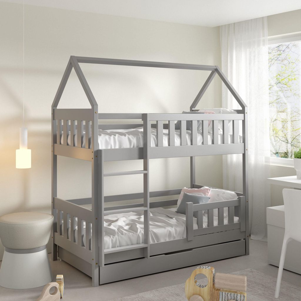 Masseno Etagenbett ELENA 80x190 cm mit Schublade, Rausfallschutz, Kinderbett mit Leiter für Mädchen und Jungs, Stockbett 2 Kinder, Hausbett für ...
