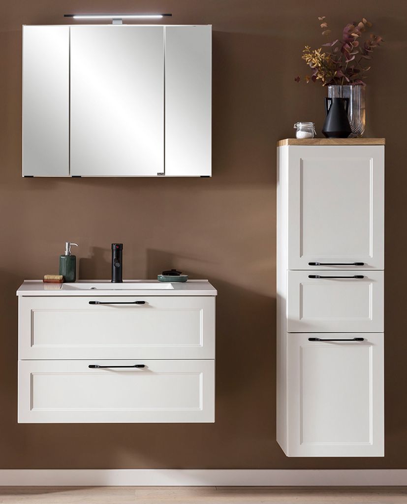 Badezimmer Möbelset mit 80 cm Spiegelschrank & LED-Aufbauleuchte in weiß MARLING-03, B/H/T ca. 140/200/47 cm