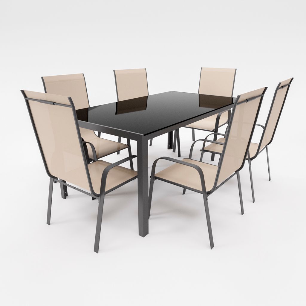 Gartenmöbel Set Metall Tisch 6 Stapelsessel Essgruppe Gartenset Sitzgruppe Stuhl beige