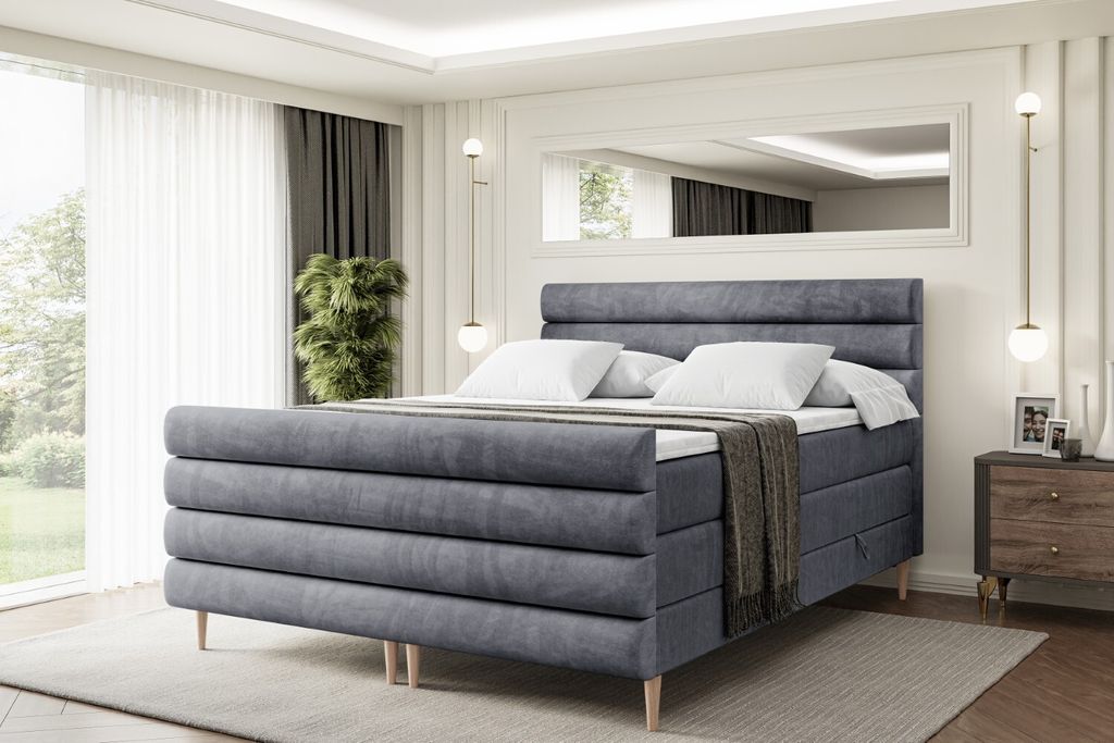 ALTDECOR Boxspringbett mit Holz Füßen, Matratze und Lattenrost, Topper, Fußteil, Polsterbett mit Bettkasten, Bett mit Stauraum H3- und H4- Matra...