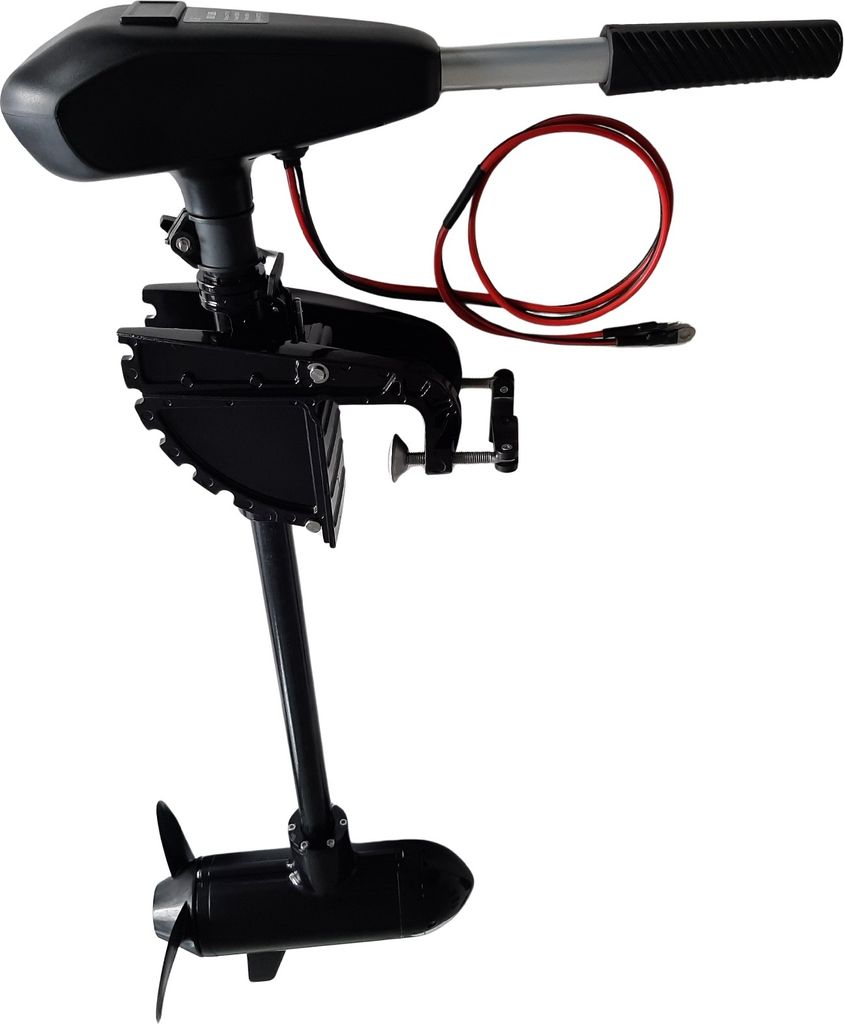 A black electric boat motor with a propeller is shown against a white background.