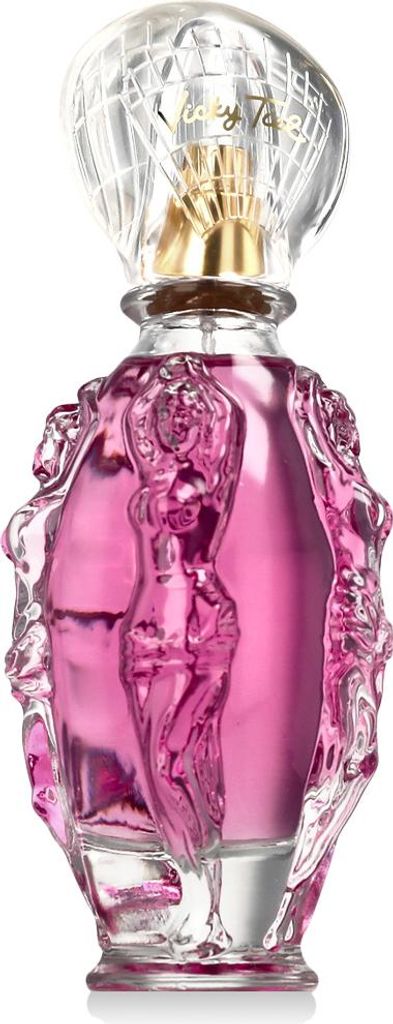 A perfume bottle with pink liquid and decorative elements.
