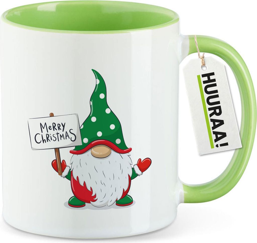 Huuraa Kaffeetasse Wichtel Merry Christmas 330ml Grün Keramik Kaffeebecher Geschenkidee
