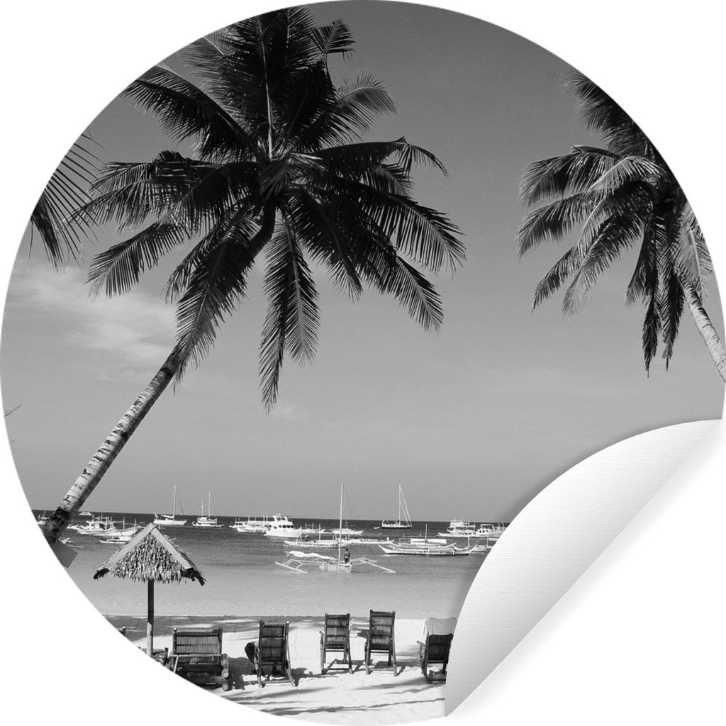 MuchoWow Runde Wandtattoo - Wandsticker Tapete Aufkleber Palmen und Liegestühle am Strand von Boracay - schwarz und weiß Ø 80 cm Selbstklebend...