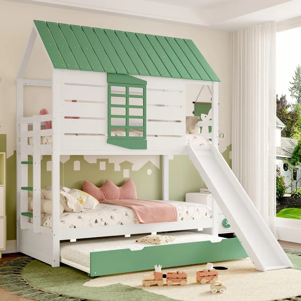 Lit Enfant Toboggan avec Lit Gigogne et Tiroirs en Bois Blanc et Vert