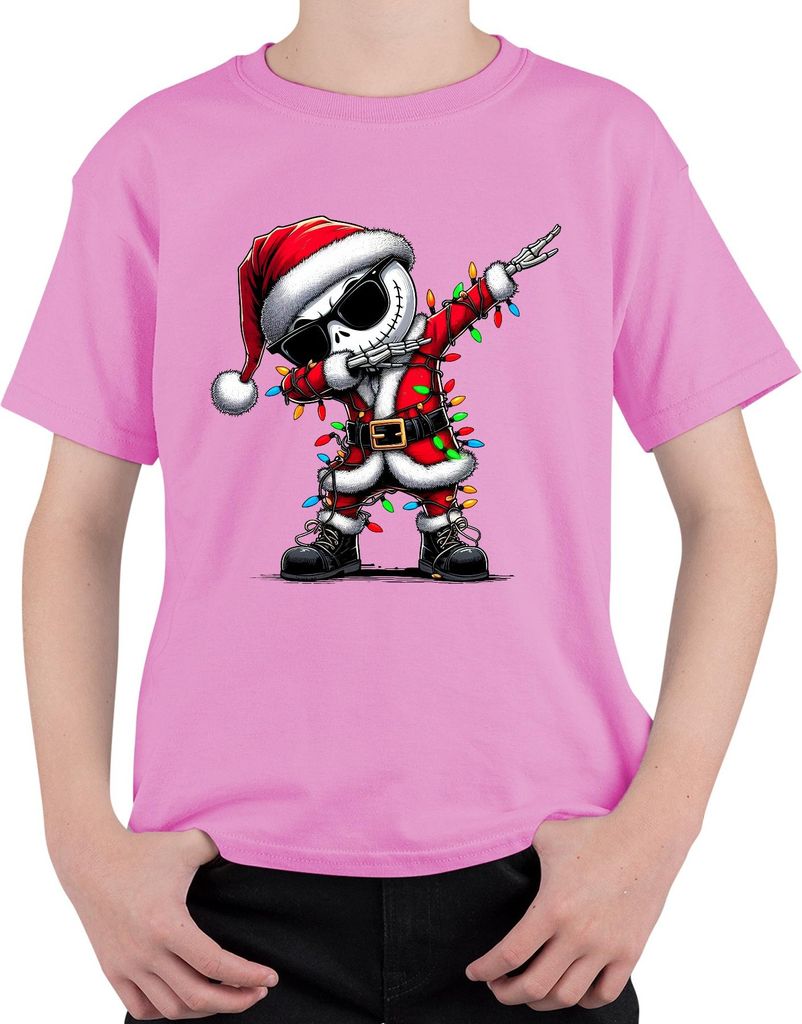 Dabbing Skelett Jack Skellington Weihnachtsmann Lichterkette Uni Kinder T-Shirt, Pink, 104