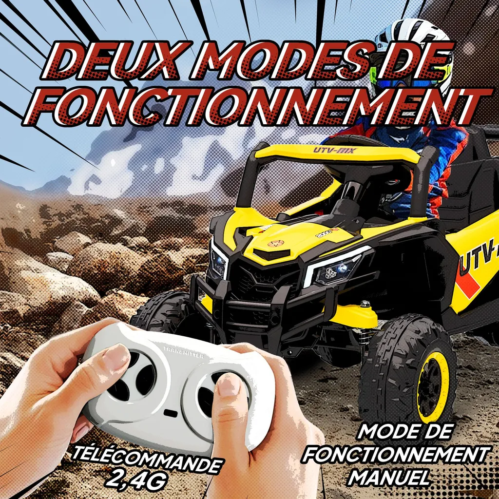 Voiture UTV 12V jaune pour enfant avec télécommande et roues robustes - 6