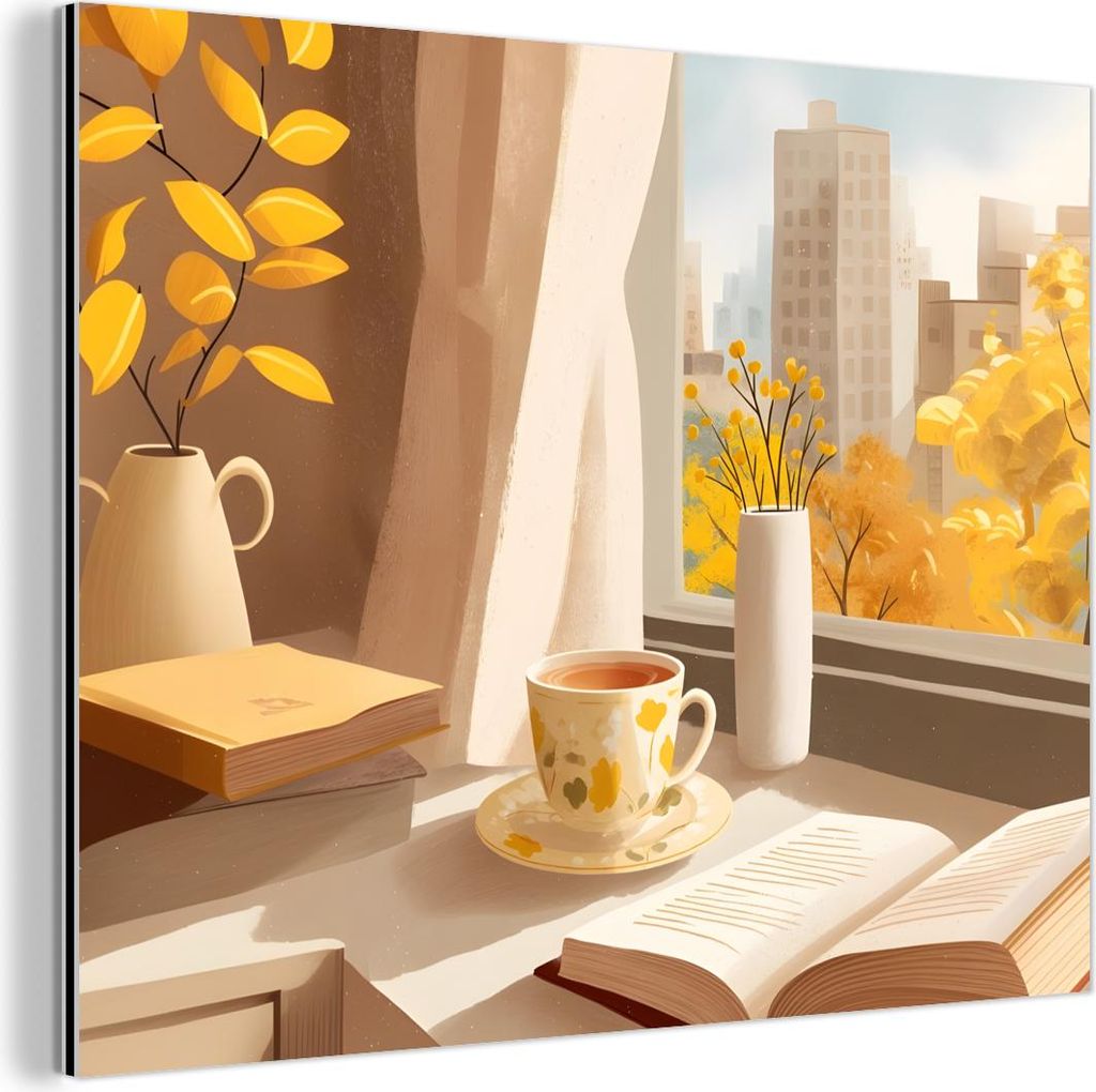 MuchoWow Wanddekoration Metall Metallbild Wandkunst 80x60 cm Tee - Buch - Tee - Herbst MuchoWow Aluminium Gemälde - Alubild