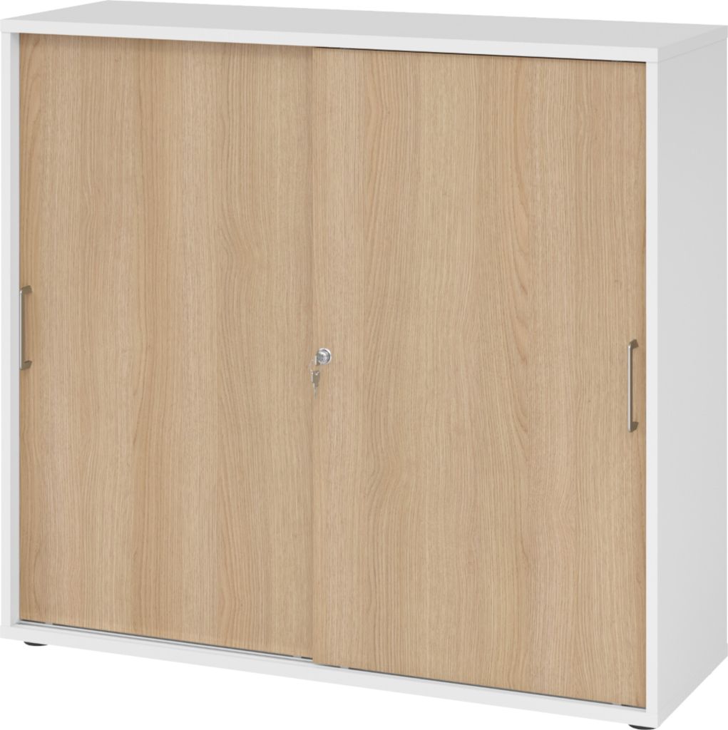 bümö Schiebetürenschrank office - 3 Ordnerhöhen - Griff: Bügelgriff (Metall), Nachbildung: Weiß/Eiche
