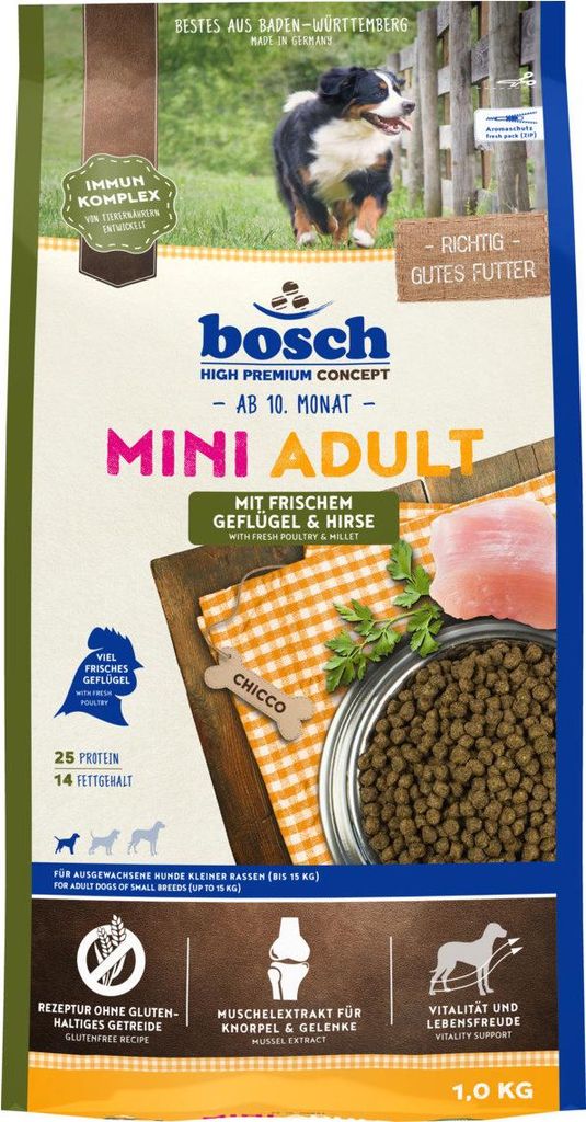 Bosch MINI ADULT MIT FRISCHEM GEFLÜGEL & HIRSE, Adult, Klein (5-10 kg), Hirse, Geflügel, 1 kg, Gluten-frei