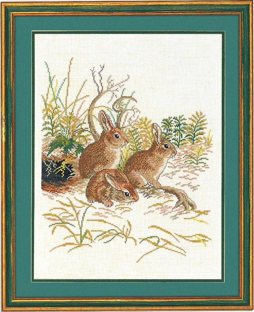Kit de broderie traditionnelle 3 lapins Eva Rosenstand avec toile lin
