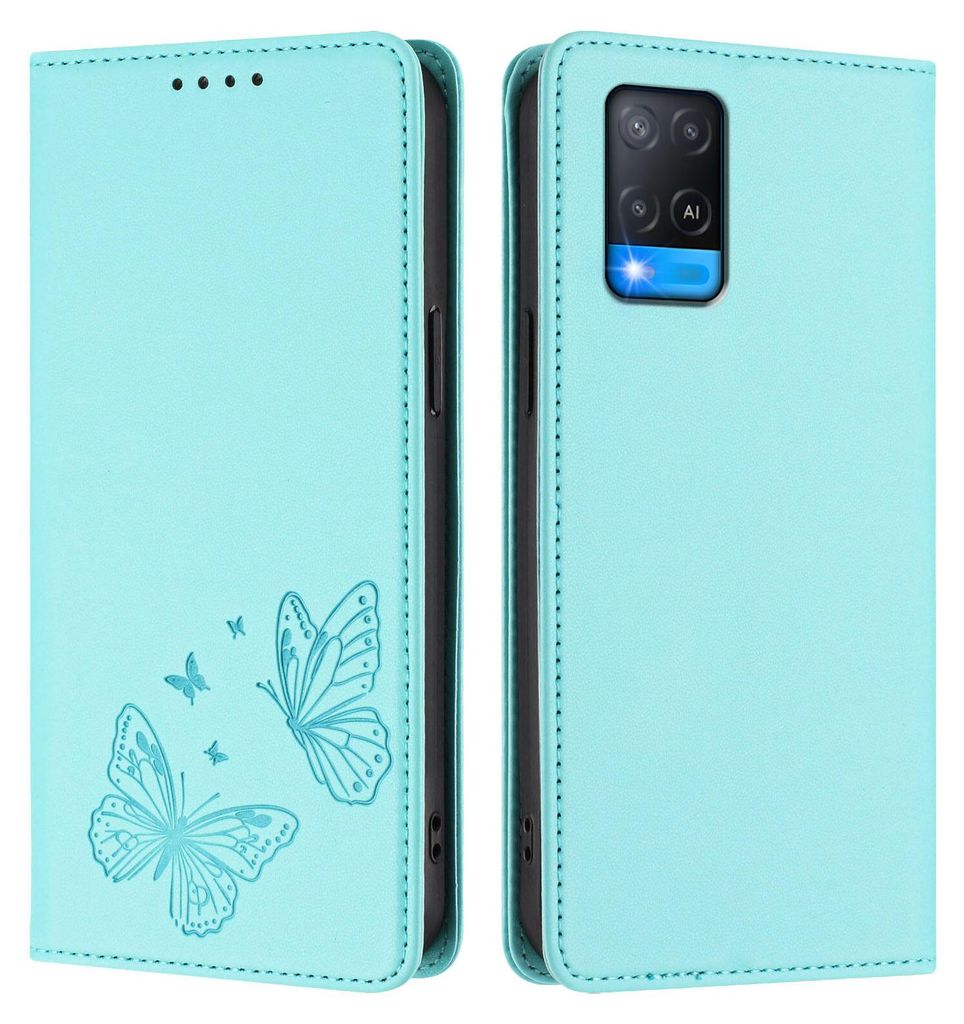 Lederhülle für Oppo A54 4G/A54S/A55 5G/A16/A16S/A55s 5G/A53s 5G/A56 5G, Schmetterling Prägung Leder Brieftasche Schutzhülle mit Ständer Türkis