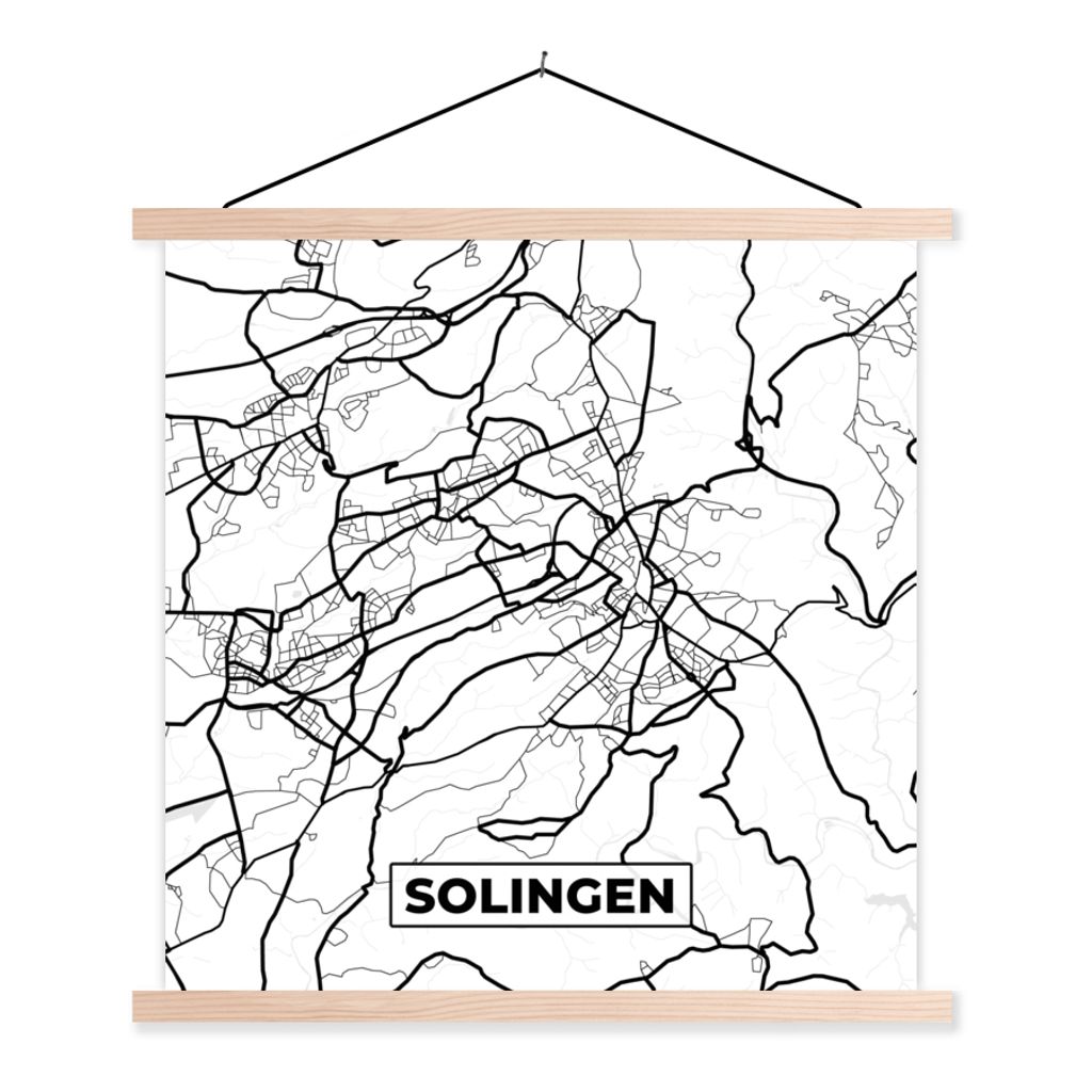 MuchoWow Textilposter Solingen - Karte - Stadtplan 40x40 cm mit holzfarbenen Rahmen - Posterleiste