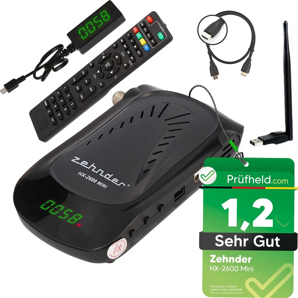 Zehnder HX 2600 Mini Digital Sat Receiver + HDMI Kabel + WiFi Stick, mit Aufnahmefunktion, für Satellitenschüssel Satelliten Fernseher, HD-Receiv...