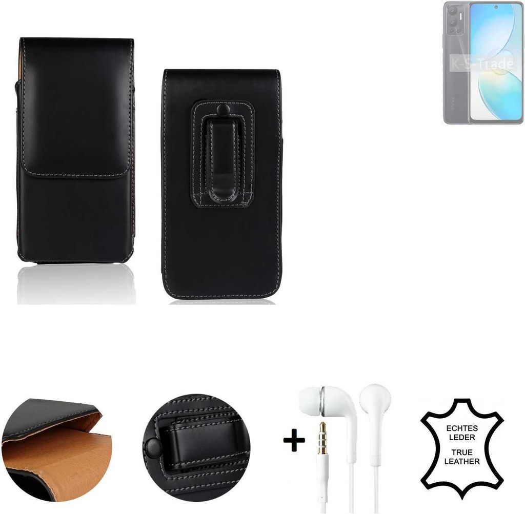 K-S-Trade Leder Gürteltasche + Kopfhörer kompatibel mit Infinix Hot 12i Seitentasche Belt pouch Holster Handyhülle Schutz Hülle Etui schwarz 1x