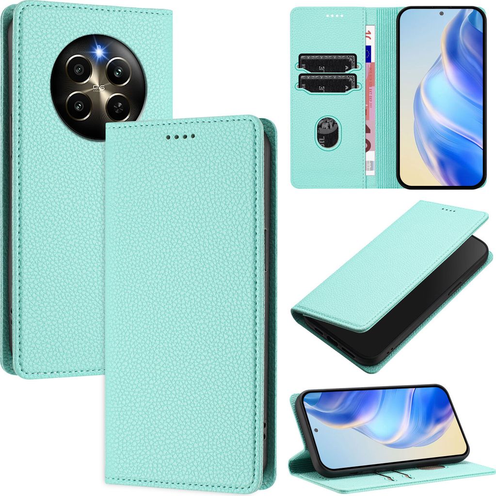 Litchi Leder Handyhülle für Realme P1 Pro/Realme 12 Pro/Realme 12 Pro+ Wallet Kartenfächer Standfunktion Hülle Türkis