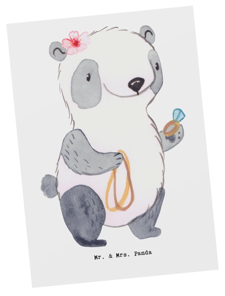 Mr. & Mrs. Panda Postkarte Juwelierin Herz - Weiß - Geschenk, Goldschmiedin, Grußkarte, Schmuckgeschäft, Fotokarte, Shopping, Goldschmuck, Eröf...