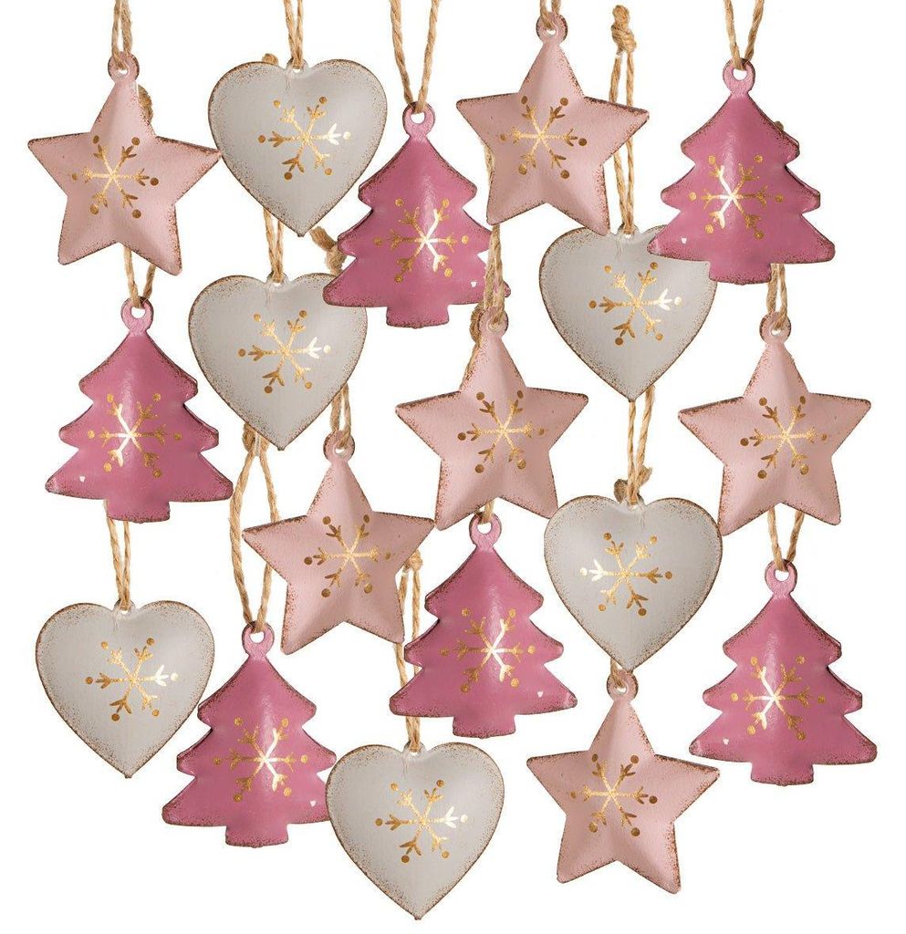 18 Weihnachtsanhänger Herz Stern Baum - rosa pink grau aus Metall 4 cm
