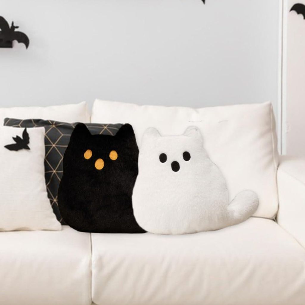 2 Stück Halloween-Kissen in Form einer Geisterkatze, süßes dekoratives Plüschkissen für Halloween im Innenbereich, Wohnzimmer, Couch, Dekoration