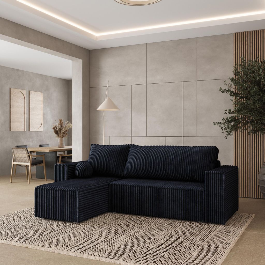 Masseno Ecksofa RAVELO T mit Schlaffunktion L-Form, Sofa mit Bettkasten, Wohnzimmersofa, Couch, Soffa, Bettsofa, Couchgarnitur- Schwarz, TILIA 100