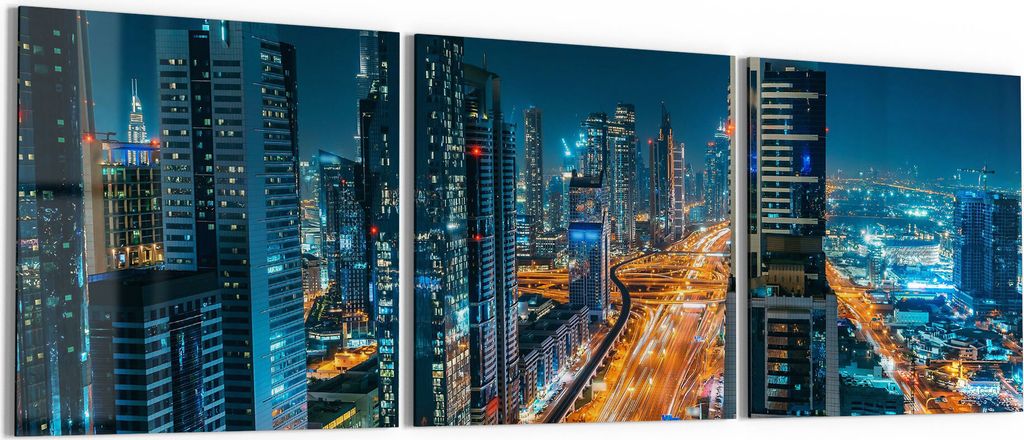 DEQORI Glasbilder Acryl 3x50x50 cm 'Schlafloses Dubai' Wandbilder XXL groß