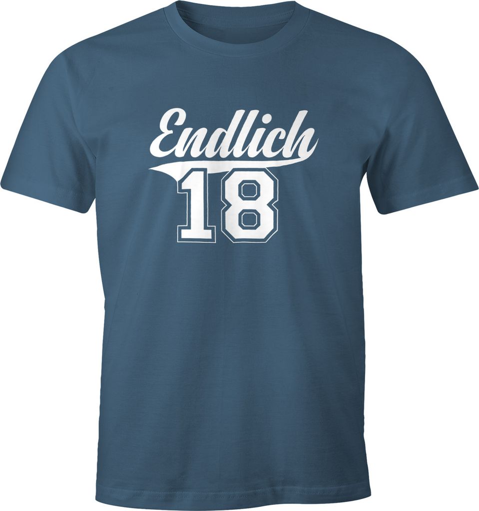 Herren T-Shirt Geburtstag Geschenk Endlich 18 College Stil Volljährig erwachsen Fun-Shirt Moonworks denim S