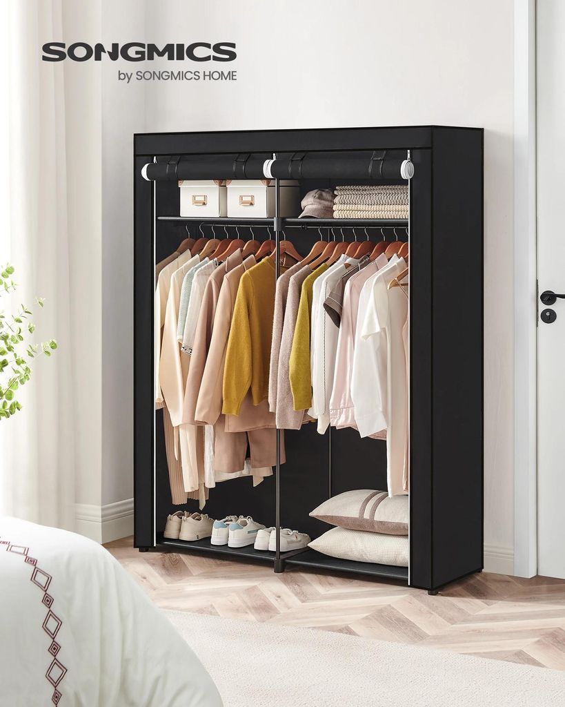 Mobiler Kleiderschrank - Stoff-Garderobenschrank - 2 Kleiderstangen, Stoffhülle, Faltbar, Freistehend - Schwarz