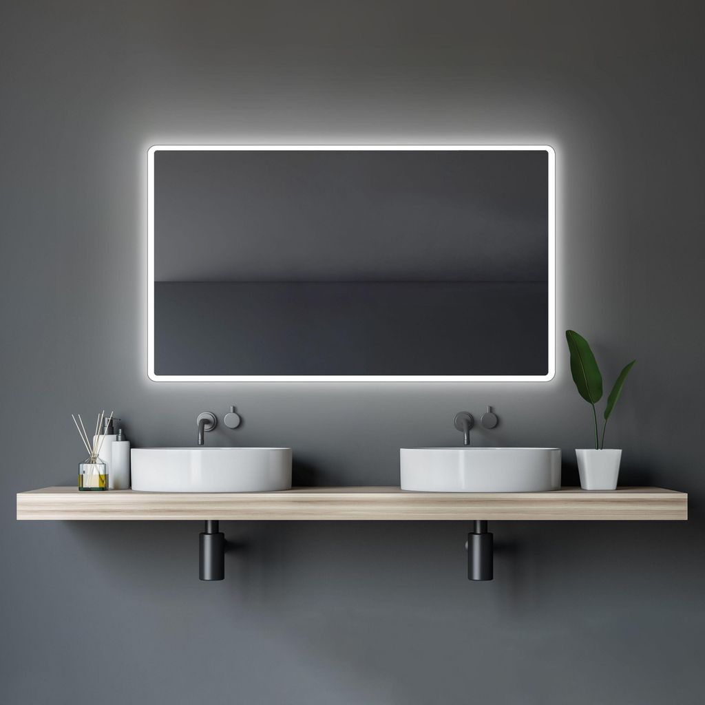 LED Badspiegel 120×70 cm, Aluminiumrahmen, Lichtfarbe Produktbild 