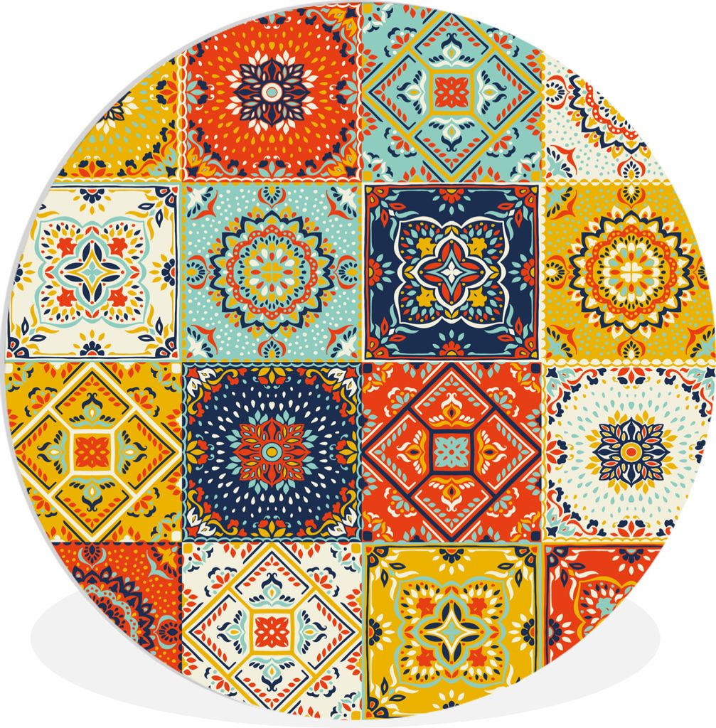 MuchoWow Rundes Wandbild - Runde Bilder Vintage - Blumen - Muster - Weiß - Orange Ø 30 cm Kreis Wanddekoration Kunststoff - Wandkreis - Wandsch...