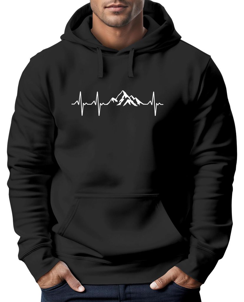 Hoodie Herren Print Wandern Berge Herzschlag Outdoor Aufdruck Motiv Männer Fashion Streetstyle Neverless schwarz S